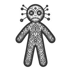 Voodoo Doll sketch engraving generative ai fictional character vector illustration. Scratch board imitation. Black and white image.