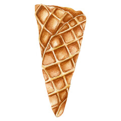 Hand drawn watercolor illustration of waffle cone for ice cream and deserts. 