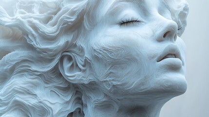 Serene close-up of a white sculpted face artistic portrait with elegant lines.