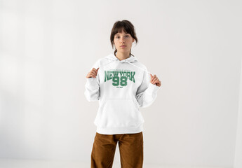 Mockup Of Woman Wearing Customizable Hoodie, Front View