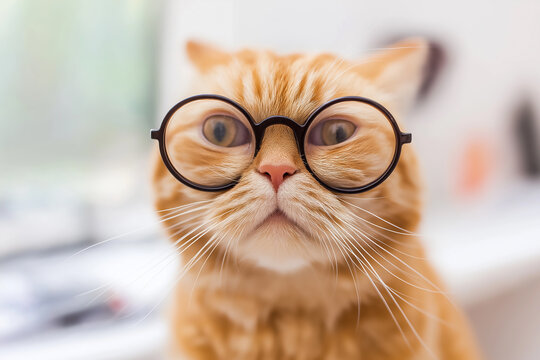 Smart Cat: A ginger cat with round glasses stares intently, exuding intelligence and curiosity. - Powered by Adobe