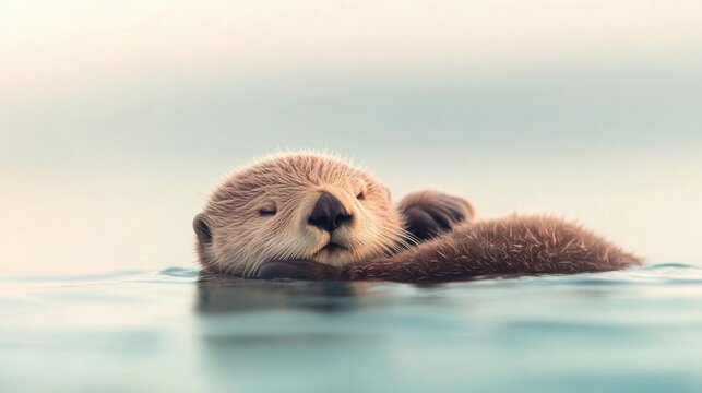 Cute otter floats calmly on its back. Animal relaxes in the ocean water. Calm and serene wildlife scene in nature.