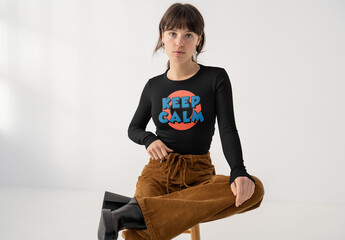 Mockup Of Woman Wearing Customized Top On Stool