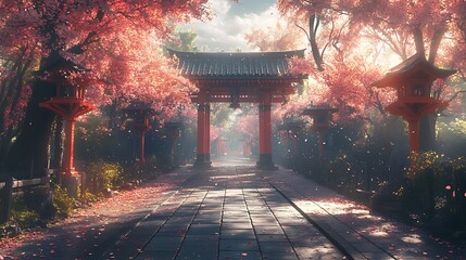 Serene japanese torii gate path lined with cherry blossoms and lanterns a high resolution image