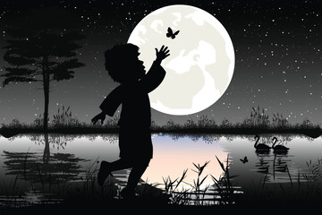 Cute Boy And Moon Silhouette
