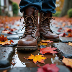 Brown Leather Boots Stepping On Wet Cobblestone Street Covered In Fallen Autumn Leaves Puddle Low Angle Close Up