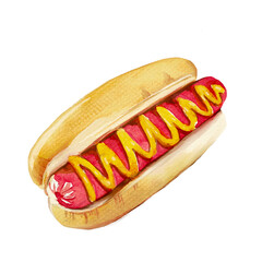Hot dog, sausage, bread, junk food, fast food, watercolor, hand drawn illustration on transparent background