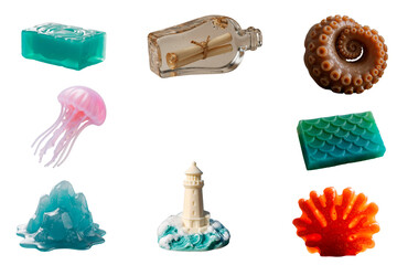 Set of handmade marine soap collection. Isolated sea-themed bath accessories collage on white background