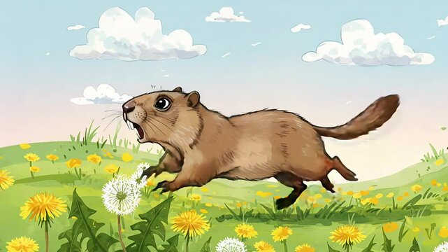 Animated gopher sprints across a field