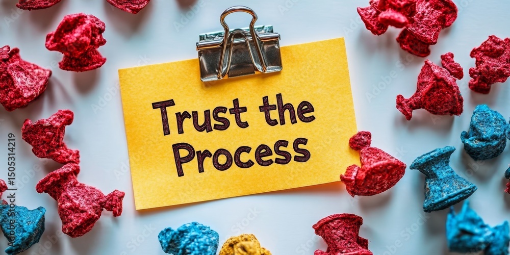 Poster yellow sticky note with trust the process text and colorful figures on white background