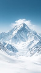 Obraz premium Snowy mountain peak towers under a clear blue sky with a wispy white cloud. Frozen landscape with sharp rocky cliffs and snow covered valley below.