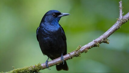 Naklejka premium Close-Up of a Blackbird Holding an Insect While Perched on Conifer Branch, The vibrant green background complements the bird's dark plumage, creating a serene and natural composition.