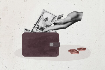Composite image montage trend artwork 3D collage of hand hold banknote pocket savings money finance...