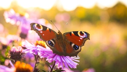 Peacock butterfly on wildflowers sunset.
