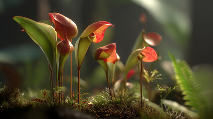 stylized tropical pitcher plants growing from clean mossy forest floor