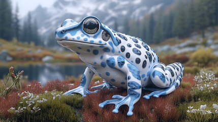 Stunning blue spotted frog resting on a mossy hillside with a beautiful nature background
