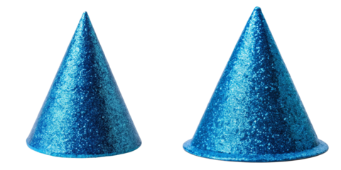 Two Blue Glitter Cones, Isolated on Transparent Background, Party Hat Design, Festive Decoration, Party Hat, Glitter, Blue