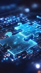 Digital Puzzle, Seamless Technology Connection. Abstract Background with Glowing Pieces.