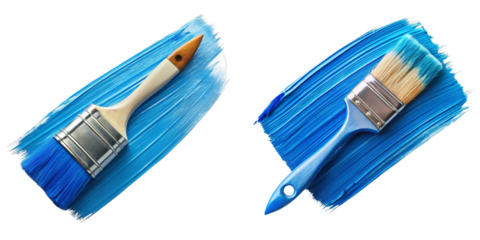 Two Blue Paintbrushes on Blue Paint Strokes, Isolated on Transparent Background, art supplies, painting tools, brush strokes, paintbrush, blue, texture