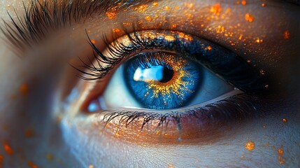 Stunning macro view of a vibrant blue eye with glittery golden particles and striking details high resolution image