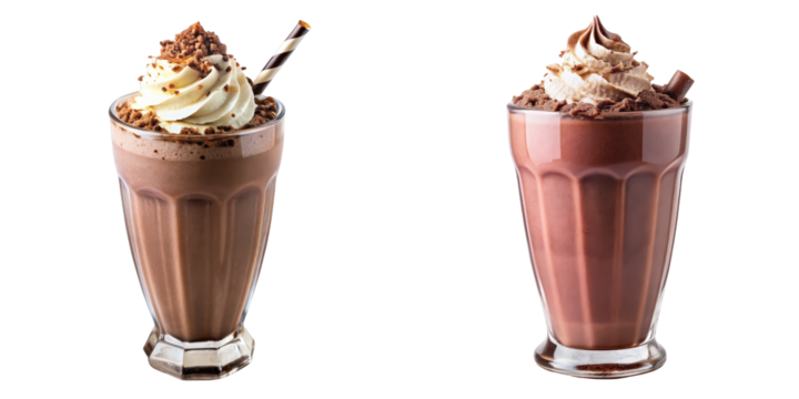 Two Chocolate Milkshakes, Isolated on Transparent Background, Whipped Cream, Dessert Drinks, Milkshake, Chocolate, Drink