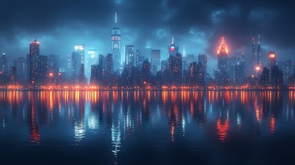 Stunning nighttime skyline of new york city reflecting in calm waters high resolution image