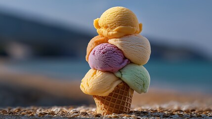 A playful stack of multicolored ice cream scoops in a golden waffle cone, melting slightly in the sun, held against a blurred beach scene, rich creamy texture highlighted by warm lighting