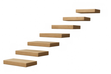 Light brown wooden staircase floating mid-air, symbolizing upward progression, growth, and advancement with minimalist 3d rendering design