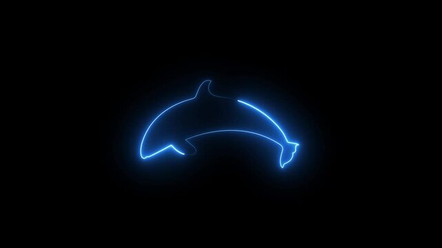 Glowing neon dolphin stickers with alpha channel transparency. Linear neon animation of blue shark with dynamic smoke on black background. Motion graphic, 4K video 