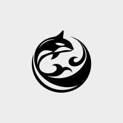 Fluid circular surf logo combining whale silhouette with crashing wave for extreme water sports branding