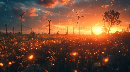 Stunning sunset over wind turbines in a field of glowing flowers high resolution image