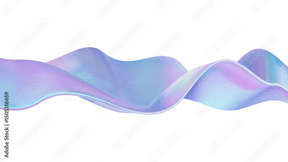 Poster 3d iridescent abstract wave liquid background with glass ribbon fluid shapes. blue gradient holograp