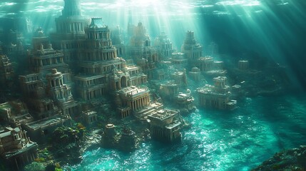 Submerged ancient city revealed underwater with sun rays illuminating the beautiful architecture high resolution image