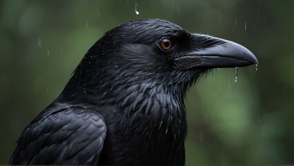 Fototapeta premium Close-Up Portrait of a Raven in Rain with Droplets on Feathers, capturing the mystique of this intelligent bird amidst a serene natural background.