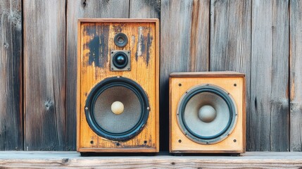 Clean vintage speaker pair in aged wood finish, abstract crosshatch backdrop