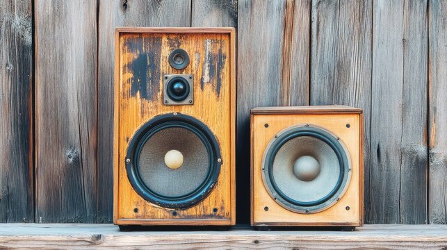 Clean vintage speaker pair in aged wood finish, abstract crosshatch backdrop