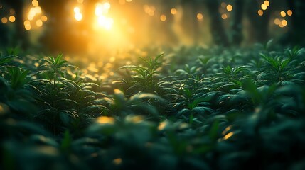 Sunlit forest floor with emerging green plants and soft bokeh golden light