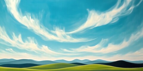 Obraz premium Serene Tranquility Rolling Green Hills Meet Azure Sky Adorned with Fluffy Cumulus Clouds