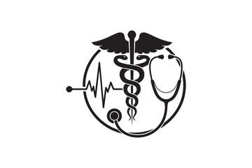 Healthcare Caduceus and Stethoscope Silhouette Art - Black Medical Icon Silhouette Design