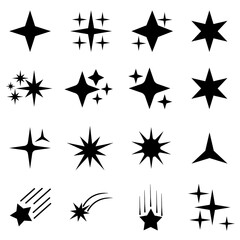 Retro futuristic sparkle icons collection. Set of star shapes. Abstract cool shine effect sign vector with transparent background