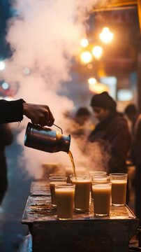 A man pours tea into cups on a table. The cups are arranged in a row and there are several of them. The scene is set in a busy street with people walking around
