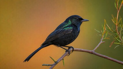 Obraz premium Beautiful Black and Green Bird Perched on a Branch Against Vibrant Background, with a warm blurred background emphasizing its unique features and striking appearance.