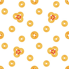 Chinese lucky coins seamless pattern. Vector flat background with chinese gold coins for wallpaper, wrapping, textile. Simple backdrop on white background