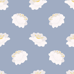 Flowers seamless pattern. Cherry blossom simple minimalistic ornament. Graphic design for paper, textile print, wrapping. Floral backdrop with hand drawn white flowers on blue background