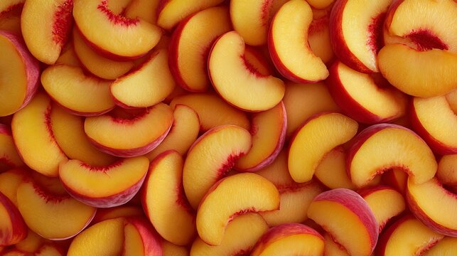 Fresh peach slices background for healthy eating and summer fruit recipes and desserts close up view 100 chars - Powered by Adobe