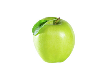 Green juicy glossy apple isolated on white background.