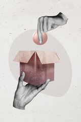 Creative trend artwork design 3D collage sketch of hand hold carton box pull coins cash currency...