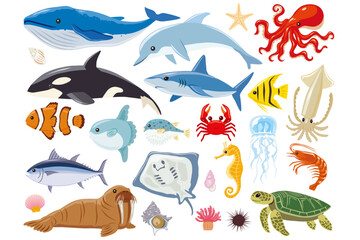 Whimsical Marine Life: Playful Cartoon Sea Animals in Vibrant Hues for Kids’ Wall Art & Educational Decor