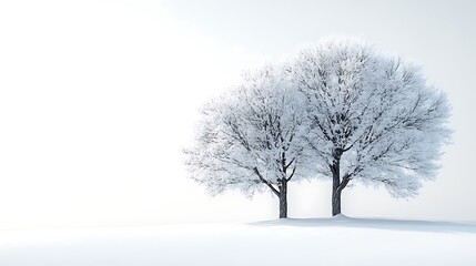 Two snow covered trees in a minimalist winter landscape with white snowy background