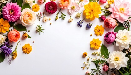 Festive flower composition on white background. Overhead view